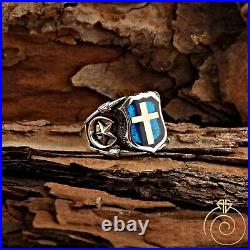 Mens Silver Christian Cross Ring Vintage Alpha Omega Shield Christianity Jewelry