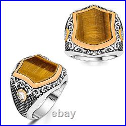 Mens Tiger Eye Gemstone Ring Memorial Gift for Him, Vintage Style Tiger Eye Ring