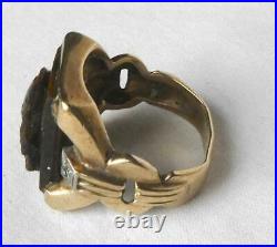 Mens Vintage 10k Gold Retro Deco Tigers Eye Diamond Carved Cameo Soldier Ring