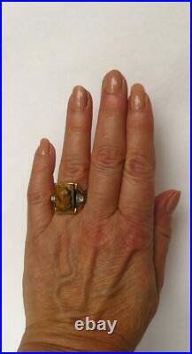 Mens Vintage 10k Gold Retro Deco Tigers Eye Diamond Carved Cameo Soldier Ring