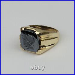 Mens Vintage 10k Yellow Gold, Carved Hematite Intaglio Ring Size 9.25