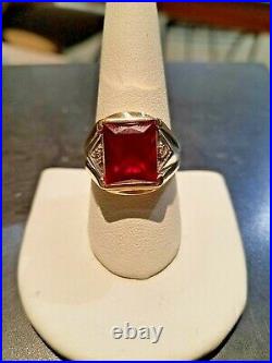 Mens Vintage 10k Yellow Solid Gold Simulated Ruby & Diamond Ring 6.8gr Size 9