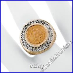 Mens Vintage 14K Yellow Gold Dos Pesos Coin Textured Ring with. 40ct Diamond Frame