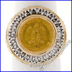 Mens Vintage 14K Yellow Gold Dos Pesos Coin Textured Ring with. 40ct Diamond Frame
