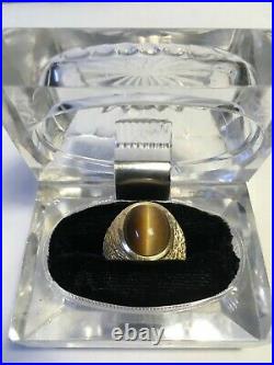 Mens Vintage 14k Solid Yellow Gold Tiger Eye Ring, Textured Sides, Size 9.5