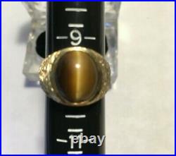 Mens Vintage 14k Solid Yellow Gold Tiger Eye Ring, Textured Sides, Size 9.5