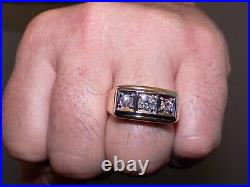 Mens Vintage 14k Yellow Gold. 80ct Round European Cut Diamond Three Stone Ring