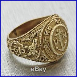 Mens Vintage 14k Yellow Gold U. S Navy Military Officer Chief Anchor Etched Ring