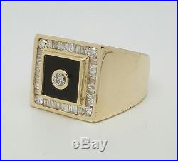 Mens Vintage 1Ct Natural Diamond 14k Yellow Gold Ring Round & Baguette Cut &Onyx