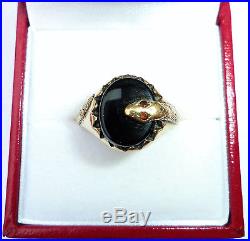 Mens Vintage 9ct Gold Onyx & Garnet Snake Signet Ring, Size O
