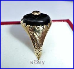 Mens Vintage 9ct Gold Onyx & Garnet Snake Signet Ring, Size O