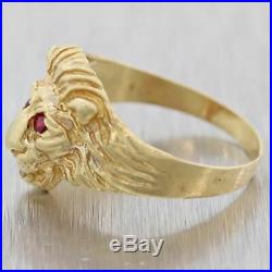 Mens Vintage Antique Art Deco 14k Yellow Gold. 06ctw Ruby Lion Head Band Ring