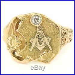 Mens Vintage Art Nouveau Style 14K Gold Large Masonic Transitional Diamond Ring