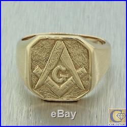 Mens Vintage Estate 14K Yellow Gold Masonic G Wide Signet Ring