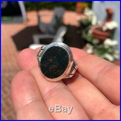 Mens Vintage Silver Bloodstone Large Oval European Ary Deco Ring
