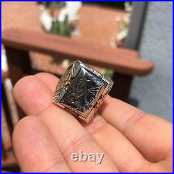 Mens Vintage Sterling Silver 10K Gold Large Thick Ship Art Deco Heavy Crest Ring