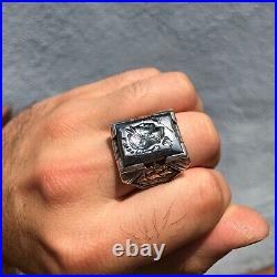 Mens Vintage Sterling Silver 10K Gold Large Thick Ship Art Deco Heavy Crest Ring