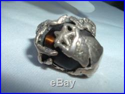 Mens Vintage Sterling Silver Bull & Agate Ring, Sz 9