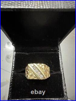 Mens Vintage Yellow Gold Nugget Diamond Ring Size 8.5