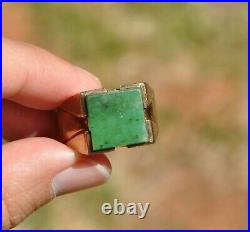 Mens Vtg 10k Solid Gold Green Jade Ring Square Stone Sz 9.5 Vintage
