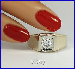 Mens vintage diamond solitaire ring 14K yellow gold G VS2 round brilliant. 80CT