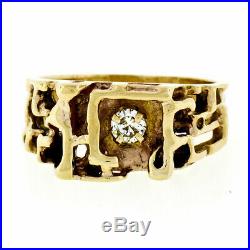 Modernist Vintage Mens 14k Yellow Gold. 17ct Round Diamond Open Nugget Band Ring