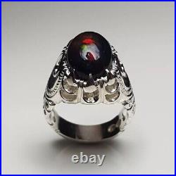 Natural Ethiopian Fire Black Opal Silver Ring Xmas Gift Opal Ethiopian Ring Mens