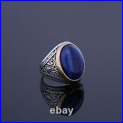 Natural Stone Blue Tiger Eye Men Ring Gemstone Vintage Rings Gift Silver Jewelry