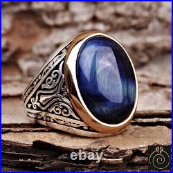 Natural Stone Blue Tiger Eye Men Ring Gemstone Vintage Rings Gift Silver Jewelry
