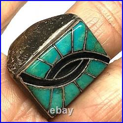 Navajo Mens Turquoise Ring Sz 10 Vtg Sterling Silver 18g Signed BE Inlay