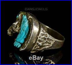 Old Pawn HOPI Vintage Sterling Carved Turquoise HORSE Johnny Blue Jay Mens Ring