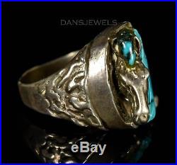Old Pawn HOPI Vintage Sterling Carved Turquoise HORSE Johnny Blue Jay Mens Ring
