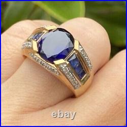 Oval Lab-Created Blue Sapphire Diamond Men's Wedding Ring 14k Yellow Gold Plated