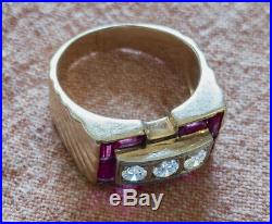 REDUCED Vintage 1940s Art Deco Style 14K Gold, 3-Diamond, 8-Ruby Men's Ring