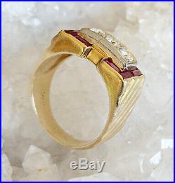 REDUCED Vintage 1940s Art Deco Style 14K Gold, 3-Diamond, 8-Ruby Men's Ring