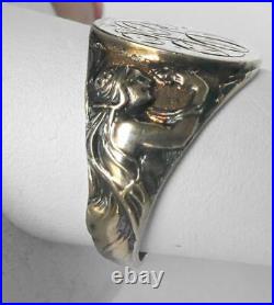 Rare 14k Gold Art Nouveau JR Wood Nude Women Figural Mens Signet Ring 9.7g Sz 12