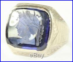 Rare Art Deco Antique 14k White Gold Blue Intaglio Mens Pinky Ring Size 6.75