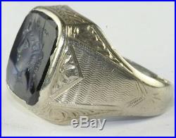 Rare Art Deco Antique 14k White Gold Blue Intaglio Mens Pinky Ring Size 6.75