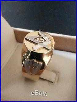 Rare Vintage 18k Solid Yellow & White Gold Men Masonic Ring