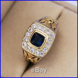 Real 10k Two Tone Gold 1.50ct Blue Sapphire & Diamond Vintage Men's Wedding Ring