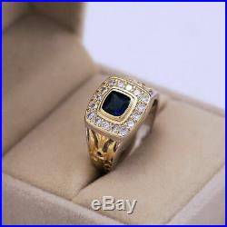 Real 10k Two Tone Gold 1.50ct Blue Sapphire & Diamond Vintage Men's Wedding Ring