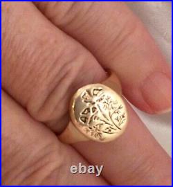 Real 14K Yellow Gold Vintage Jewelry Signet Men's Ring Botanical Design