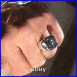 Real Black Moissanite Round Cut Men's Signet Ring 14K White Gold Silver Plated