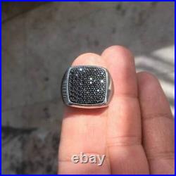 Real Black Moissanite Round Cut Men's Signet Ring 14K White Gold Silver Plated