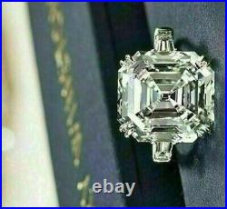Real Moissanite 3Ct Asscher 3-Stone Engagement Ring 14K White Gold Plated Silver