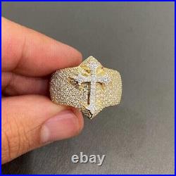 Real Moissanite Men's Cross Engagement Ring 14K Yellow Gold Finish 2Ct Round Cut