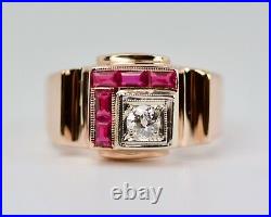 Retro Men's 14k Rose Gold European Cut Diamond And Ruby Vintage Ring Size 9.5