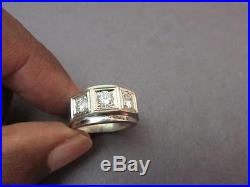 Retro Vintage Men's Three Diamond Stone Ring White Gold Size 7.25