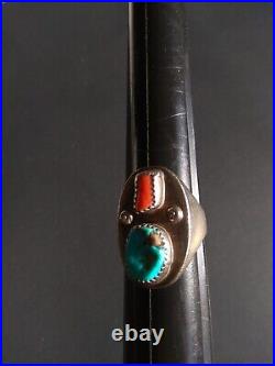 SANDCAST ANTIQUE size 12 ring Southwest turquoise coral Zuni Navajo STERLING 925