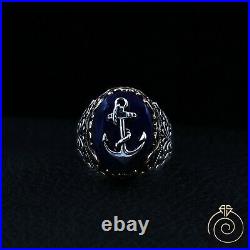 Sailor Anchor Sapphire Cocktail Mens Ring Vintage Silver Navy Engagement Jewelry